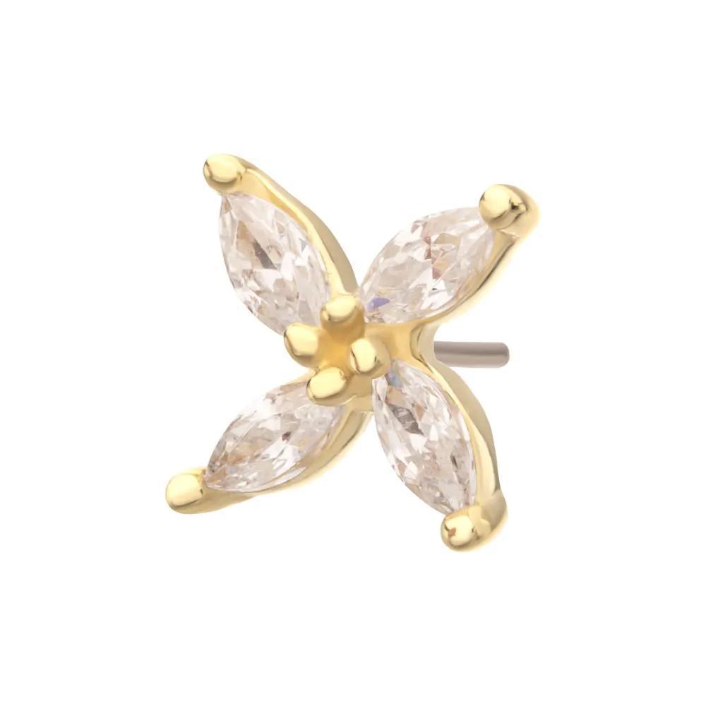 Invictus | 14k gold | Prong Set Marquise CZ Gem 4-Petal Flower Top | Clear CZ
