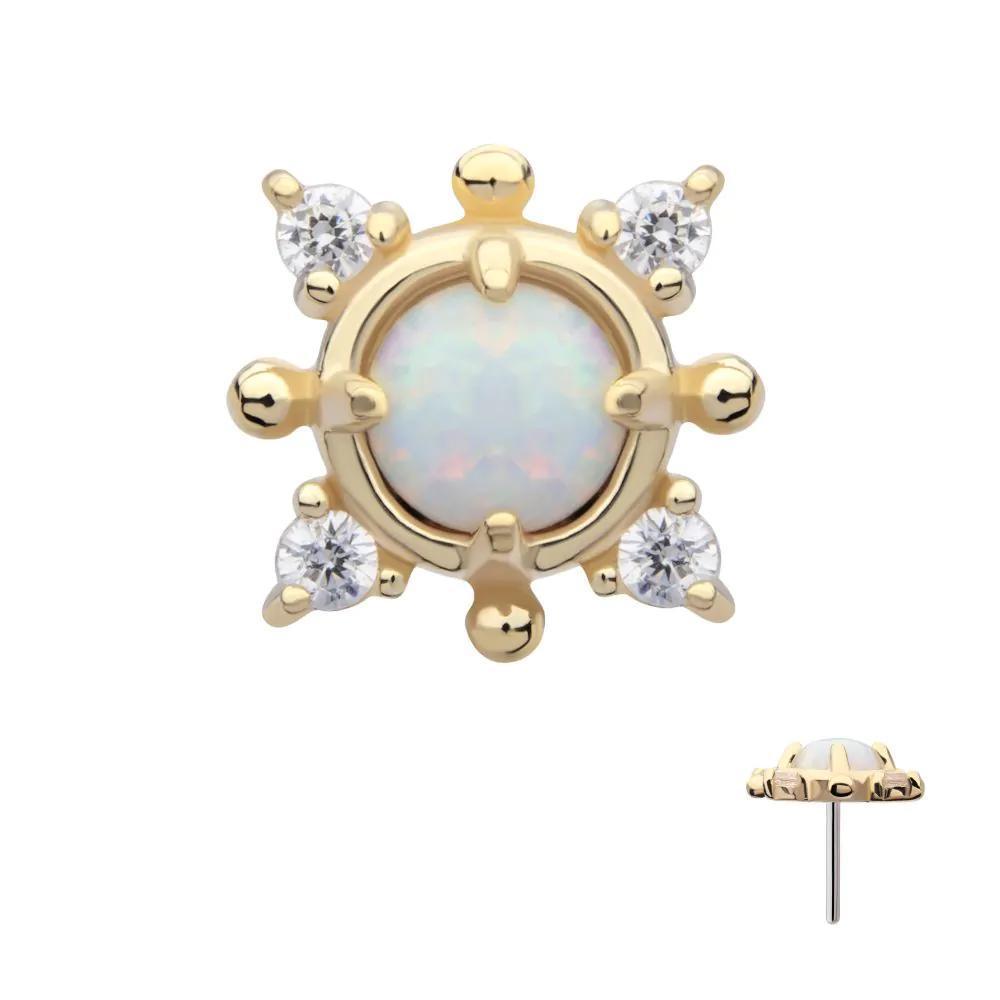 Invictus | 14k gold | Prong Set Round White Opal and Clear Gem 4-Point | CZ + Synthetic Opal