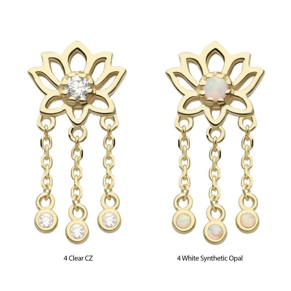 Invictus | 14k gold | Lotus with Triple Chain Dangle | CZ + Synthetic Opal