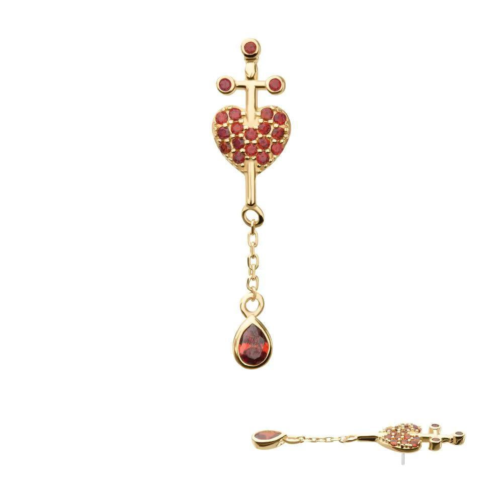 Invictus | 14k gold | Heart Dagger with Tear Drop Dangle | Garnet CZ