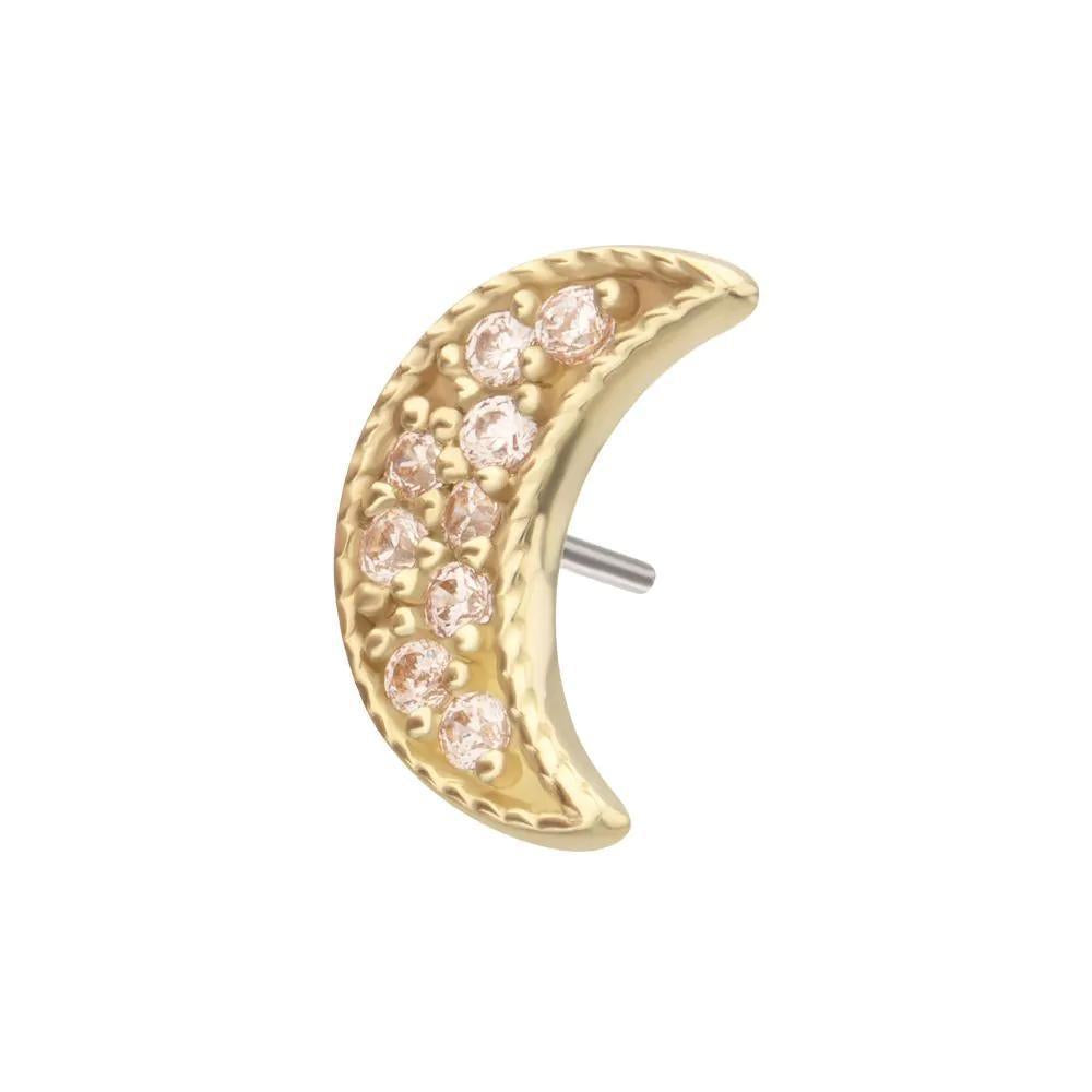 Invictus | 14k gold | Milgrain Edge Crescent Moon Top with Pave CZ Gem | Clear CZ