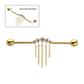 Invictus | 24k Gold PVD Titanium | Internally Threaded 5 Prong Cluster w/ 5 Chain Dangle Industrial Barbell | Cubic Zirconia