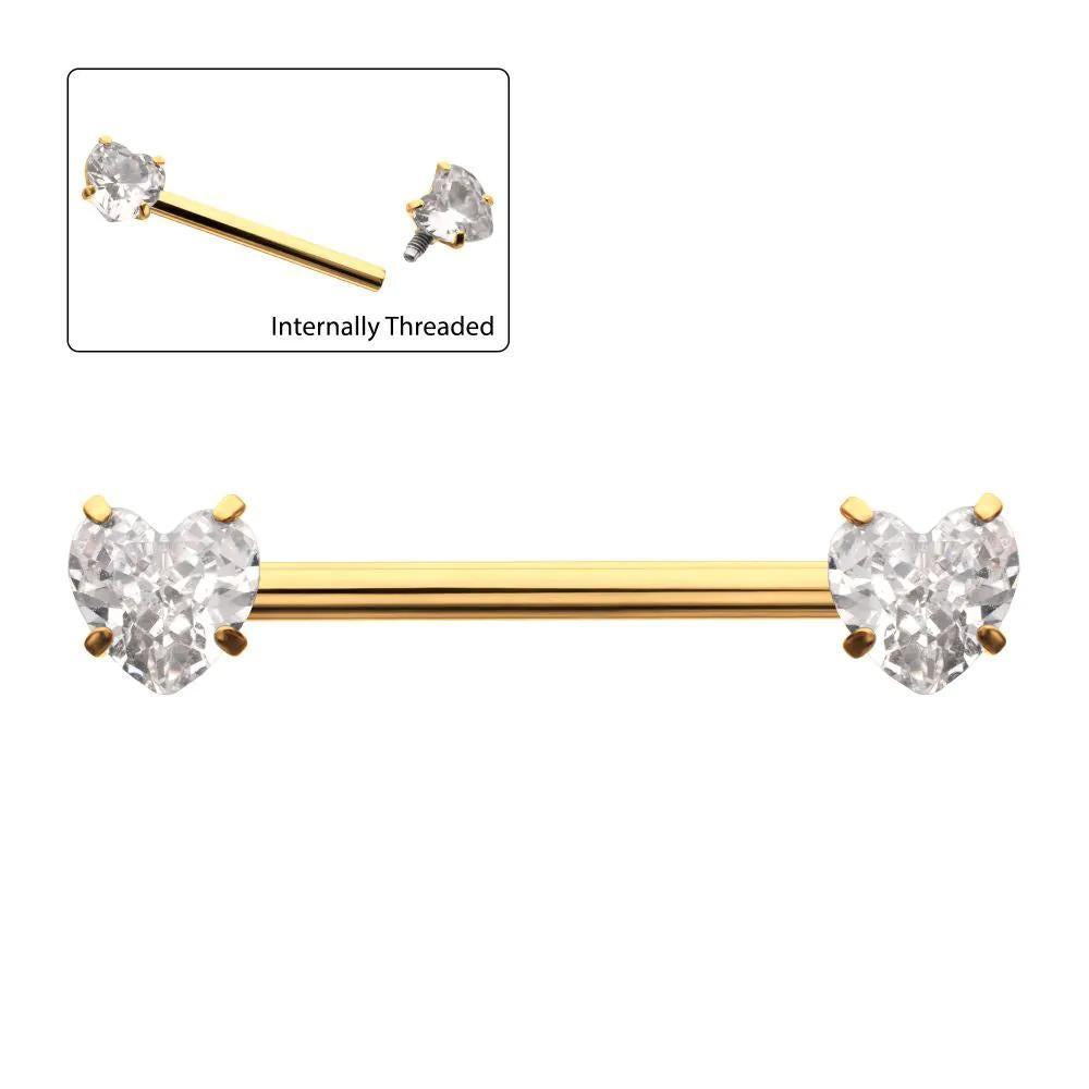 Invictus | 24k Gold PVD Titanium | Internally Threaded Prong Set Heart Gem End w/ One Fixed End Nipple Barbell | Cubic Zirconia