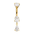 Invictus | 24k Gold PVD Titanium | Internally Threaded Double Teardrop Prong Set Gem Dangle Navel | Cubic Zirconia