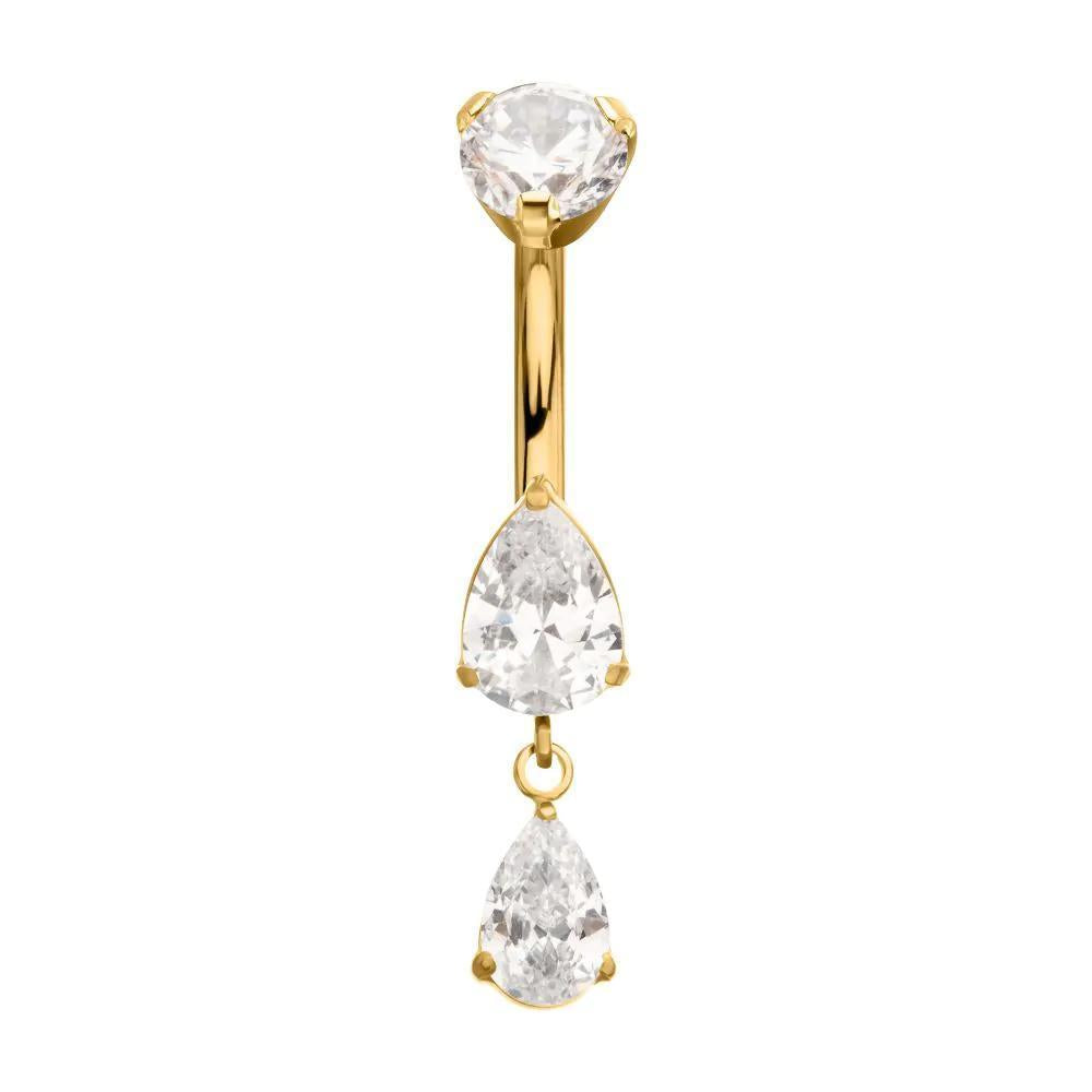 Invictus | 24k Gold PVD Titanium | Internally Threaded Double Teardrop Prong Set Gem Dangle Navel | Cubic Zirconia