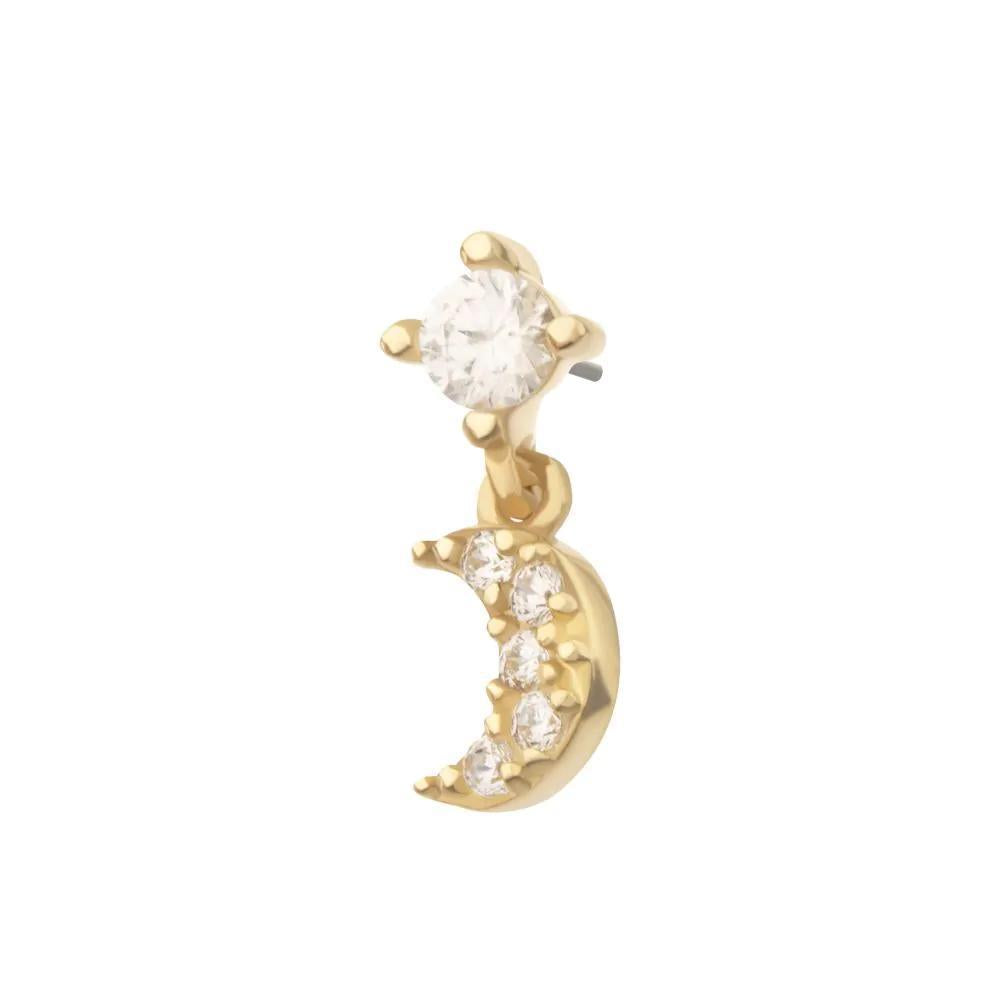 Invictus | 14k gold | 4-Prong CZ 2mm Gem Top with Pave CZ Gem Crescent Moon Dangle | Clear CZ