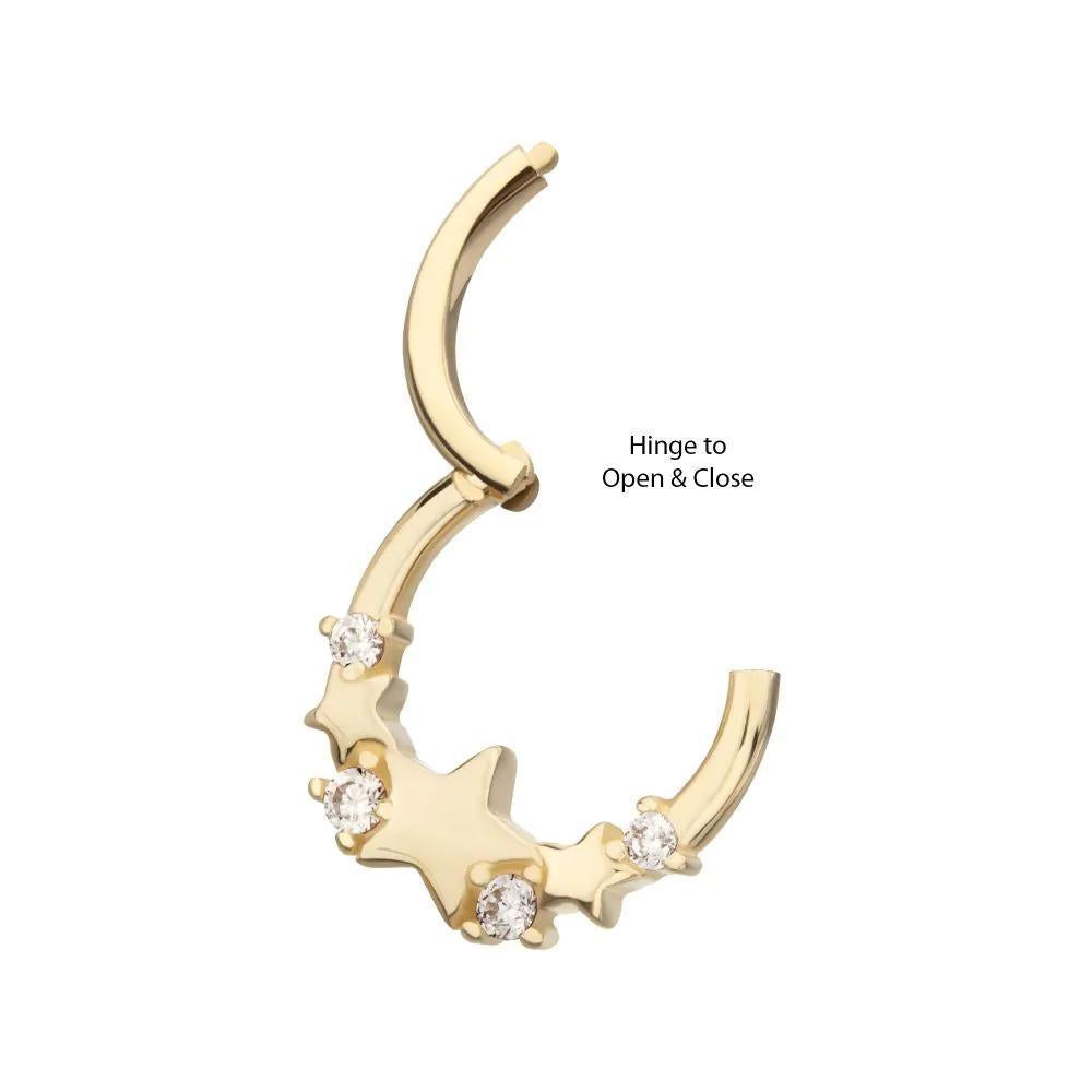 Invictus | 14k gold | Triple Staggered Star | Front Facing Hinged Hoop | Cubic Zirconia