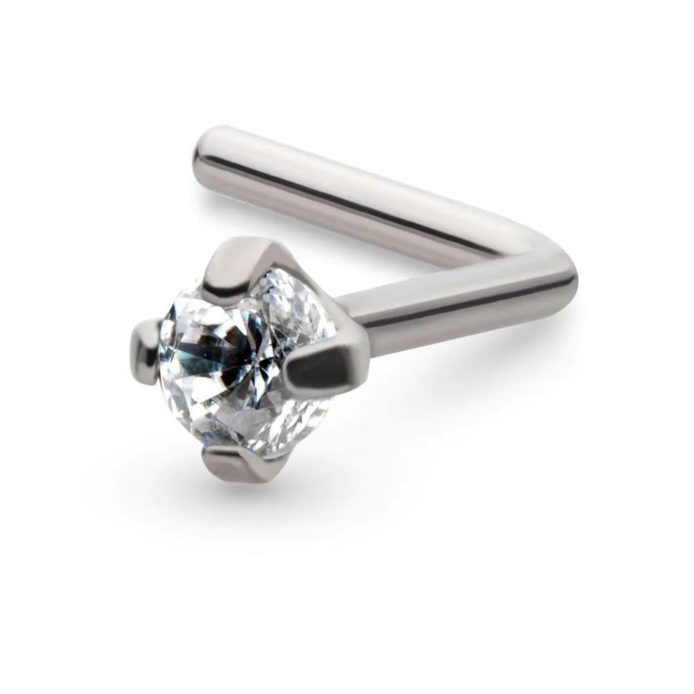 Inv | Titanium | 4-Prong Set Clear CZ L-Shaped Nosepin | 20g 1/4" w/ 2.5mm CZ