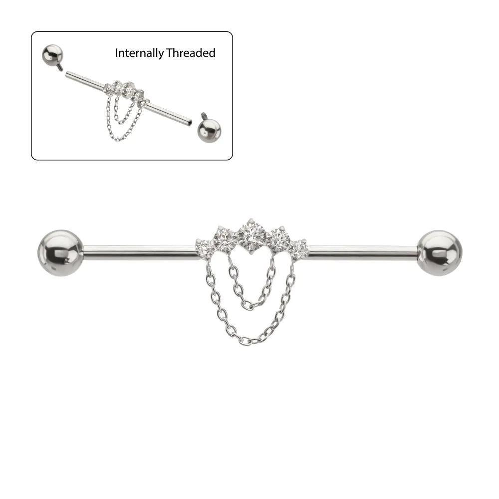Invictus | Titanium | Internally Threaded Industrial Barbell w/ 5 Gem Cluster + 2-Tier Chain | CZ | 14g 1-3/8" w/ 5mm Ball