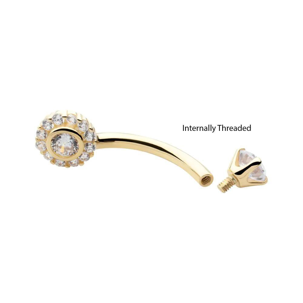 Invictus | 14k gold | Multi Clear CZ Flower Shape Navel Curve | 14g 7/16