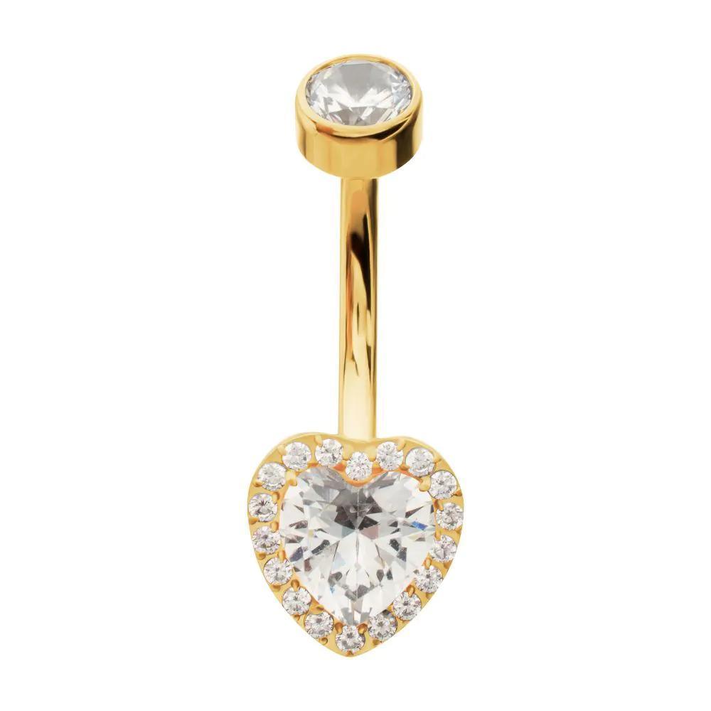 Invictus | 24k Gold PVD Titanium | Internally Threaded Radiant Heart Halo w/ Clear Gem Edge Fixed Bottom Navel | Cubic Zirconia