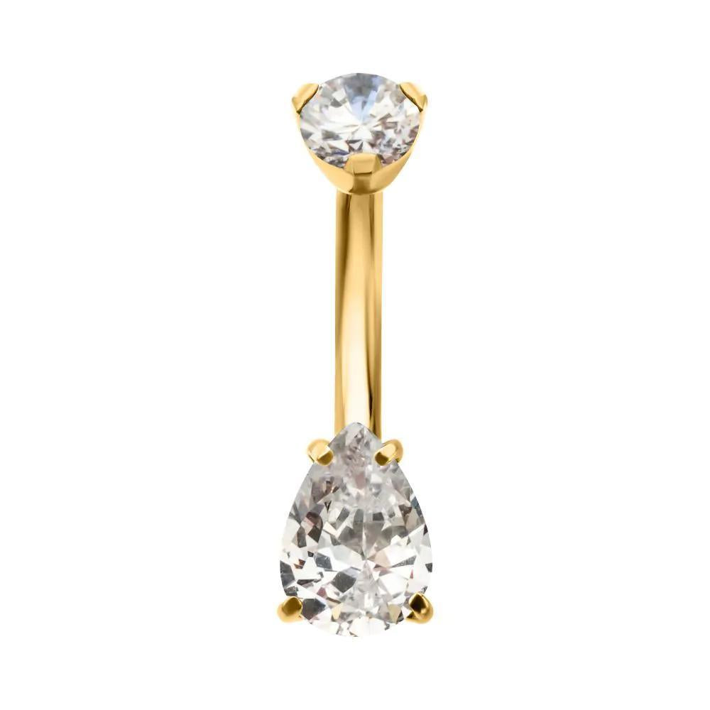 Invictus | 24k Gold PVD Titanium | Internally Threaded Prong Set Double Teardrop w/ Fixed Bottom Navel | CZ | 14g 5/16"