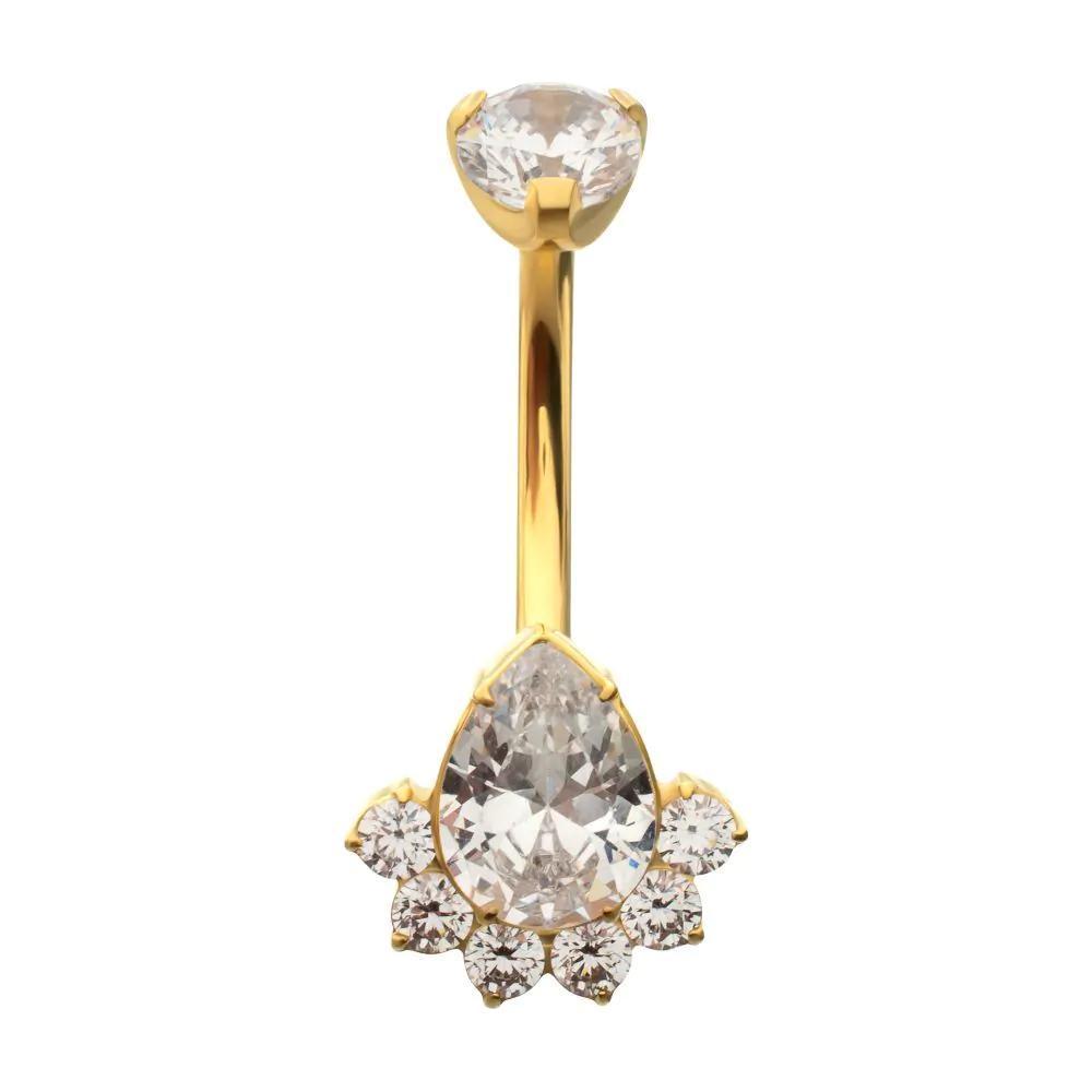 Invictus | 24k Gold PVD Titanium | Internally Threaded Royal Cluster Teardrop Gem Navel w/ Fixed Bottom | Cubic Zirconia