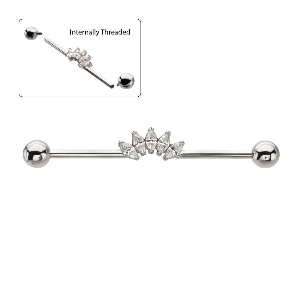 Invictus | Titanium | Internally Threaded Industrial Barbell w/ 5 Marquise Gem Cluster | CZ | 14g 1-3/8" w/ 5mm Ball