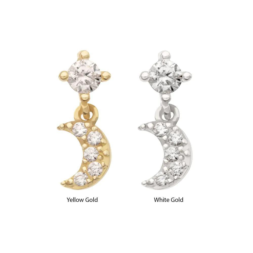 Invictus | 14k gold | 4-Prong CZ 2mm Gem Top with Pave CZ Gem Crescent Moon Dangle | Clear CZ