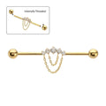Invictus | 24k Gold PVD Titanium | Internally Threaded 5 Prong Gem Cluster w/ 2-Tier Chain Industrial Barbell | Cubic Zirconia