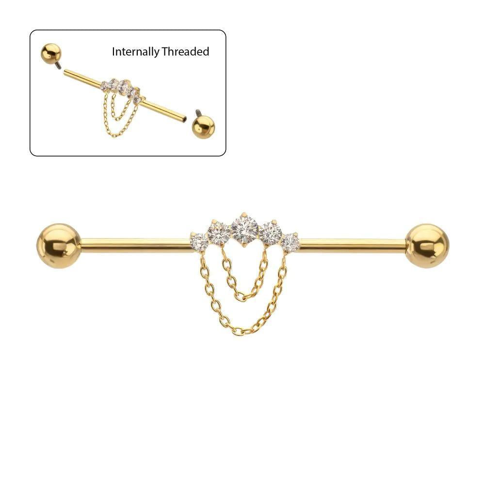 Invictus | 24k Gold PVD Titanium | Internally Threaded 5 Prong Gem Cluster w/ 2-Tier Chain Industrial Barbell | Cubic Zirconia