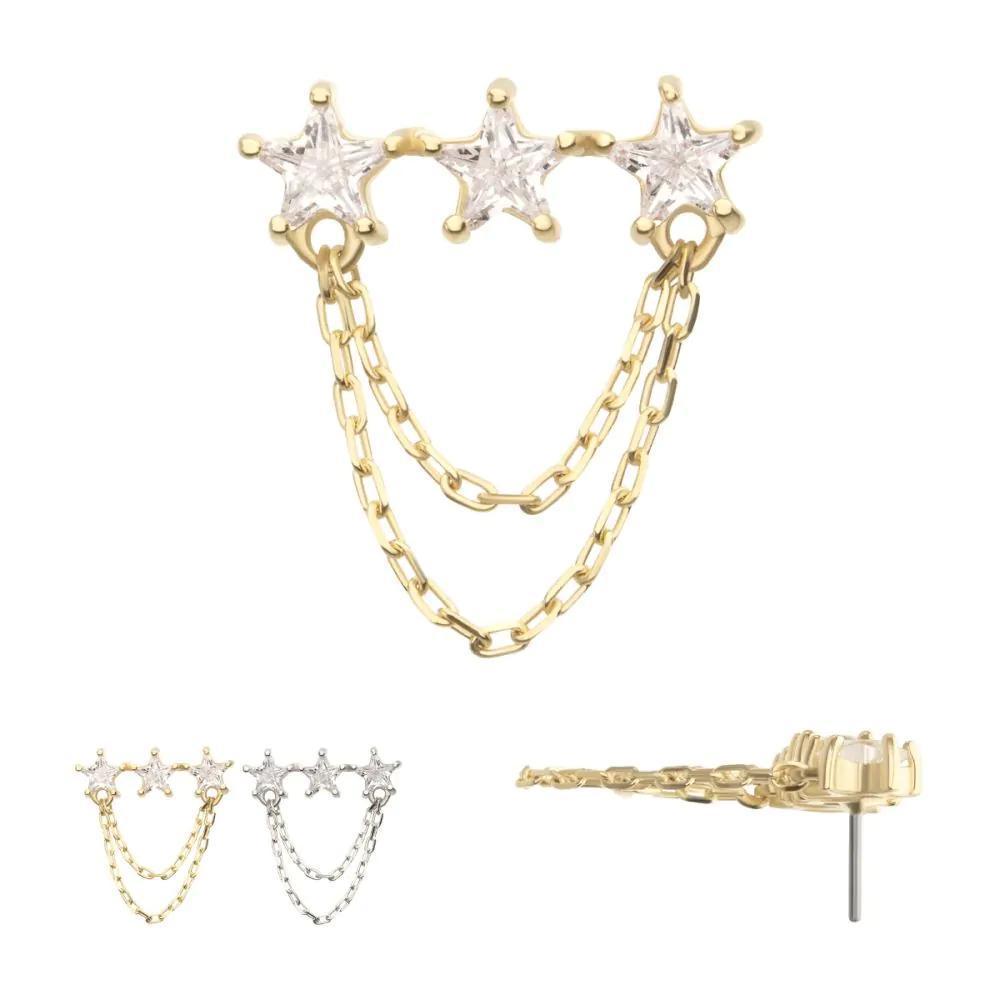 Invictus | 14k gold | Triple Cluster Star CZ Gem Top with 2-Tier Chain Dangle | Clear CZ