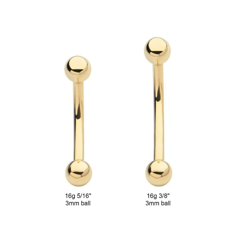 Invictus | 14k gold | 16g Curved Barbell with One Side Internally Threaded and One Side Fixed 3mm Ball End