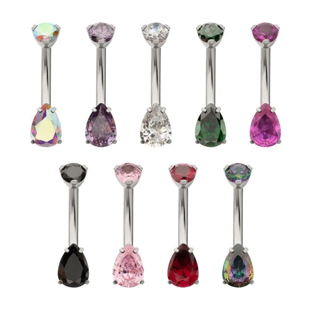 Invictus | Titanium | Internally Threaded Double Prong Set Teardrop Gem Fixed Bottom Navel | Cubic Zirconia