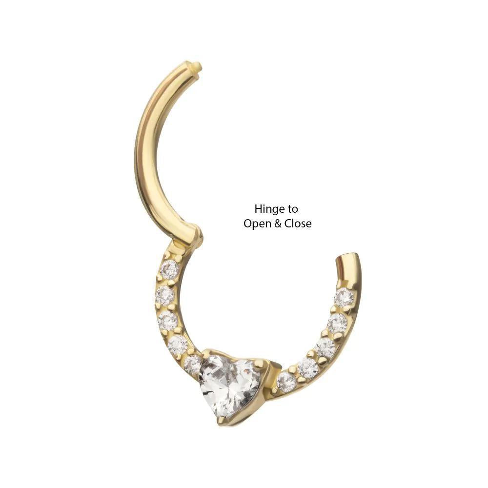 Invictus | 14k gold | Front Facing Hinged Hoop | Heart CZ