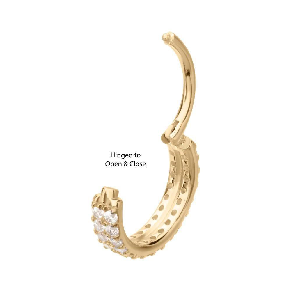 Invictus | 14k gold | Double Row Pave Gem | Side Facing Hinged Hoop | Clear CZ