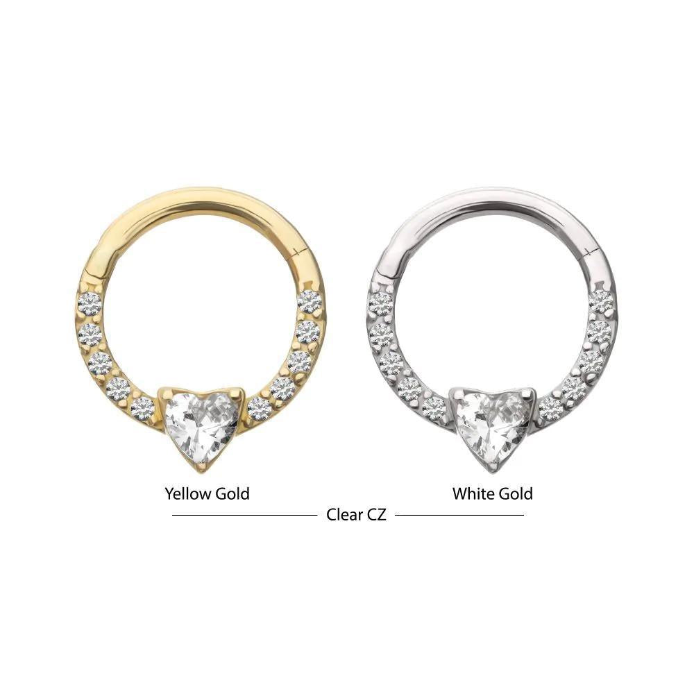 Invictus | 14k gold | Front Facing Hinged Hoop | Heart CZ