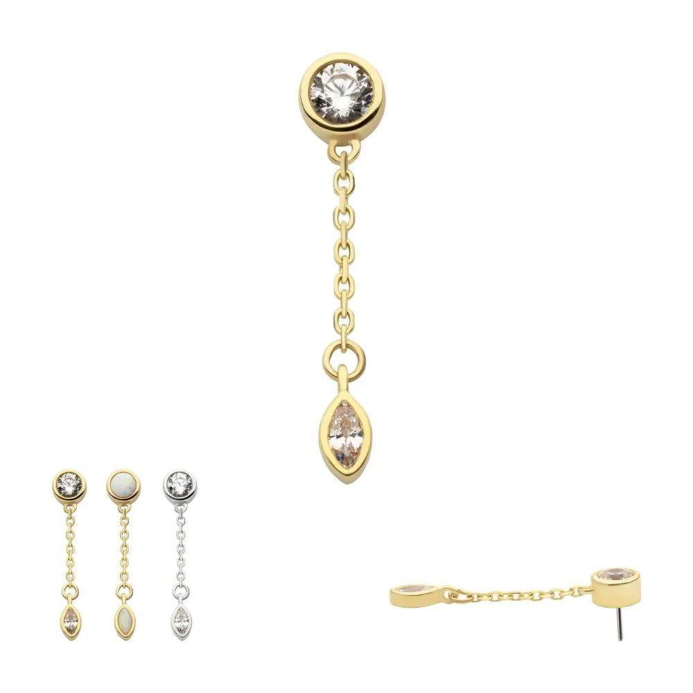 Invictus | 14k gold | Bezel Set Dangle with Marquise Drop | Clear CZ + Synthetic Opal