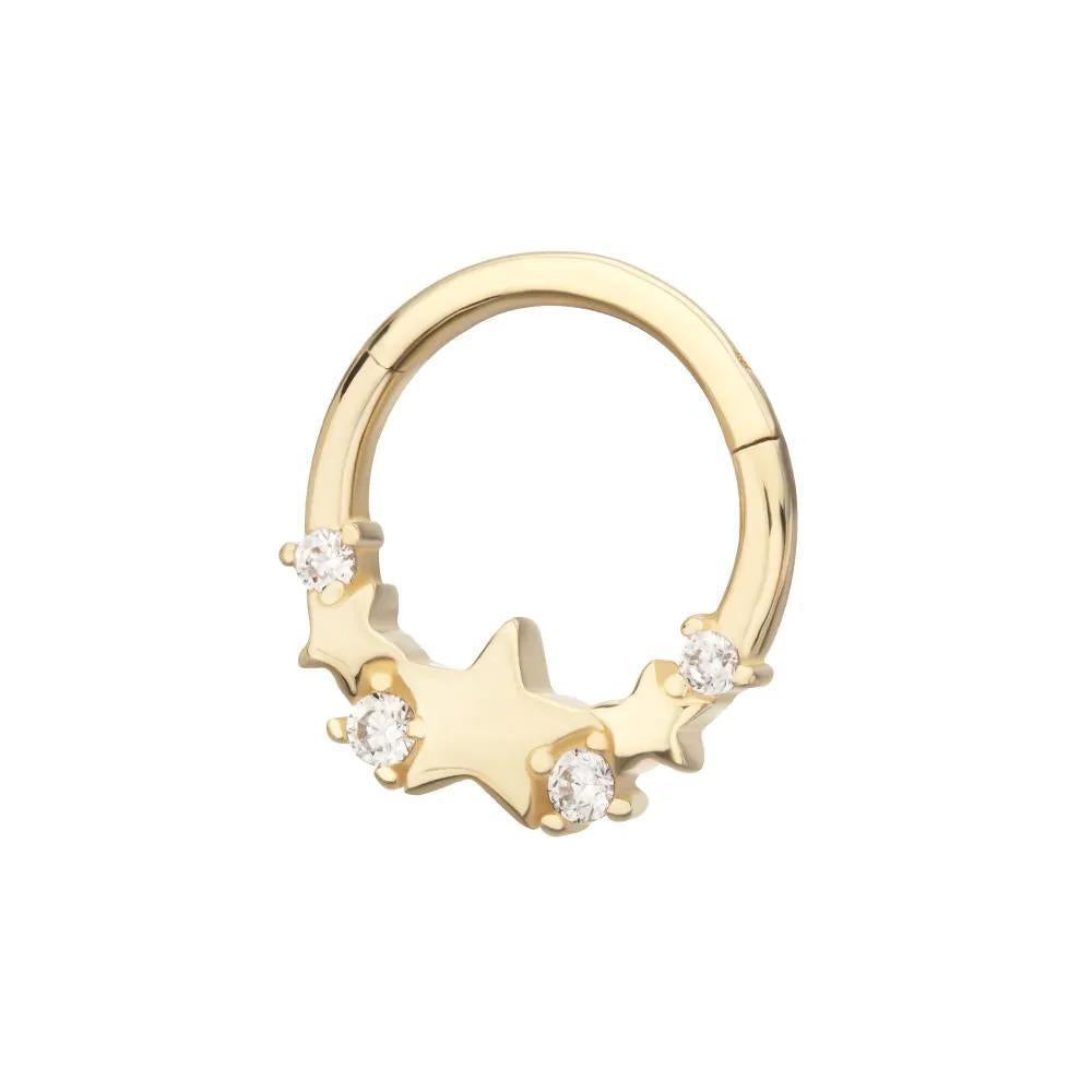 Invictus | 14k gold | Triple Staggered Star | Front Facing Hinged Hoop | Cubic Zirconia