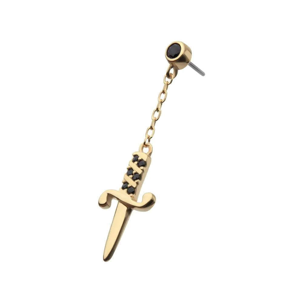 Invictus | 14k gold | Bezel Set Dagger with Dangle | Black CZ