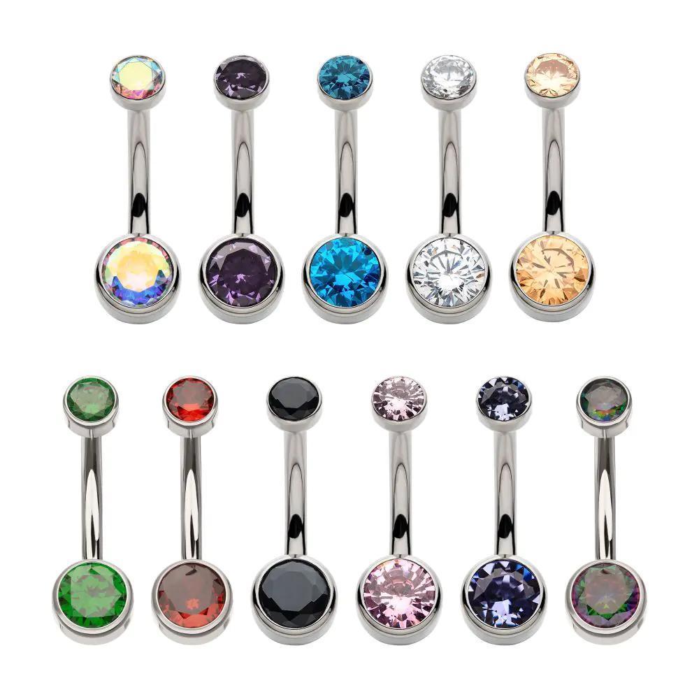 Invictus | Titanium | Internally Threaded Double Bezel Round w/ Smooth Back + Fixed Bottom Navel | Cubic Zirconia