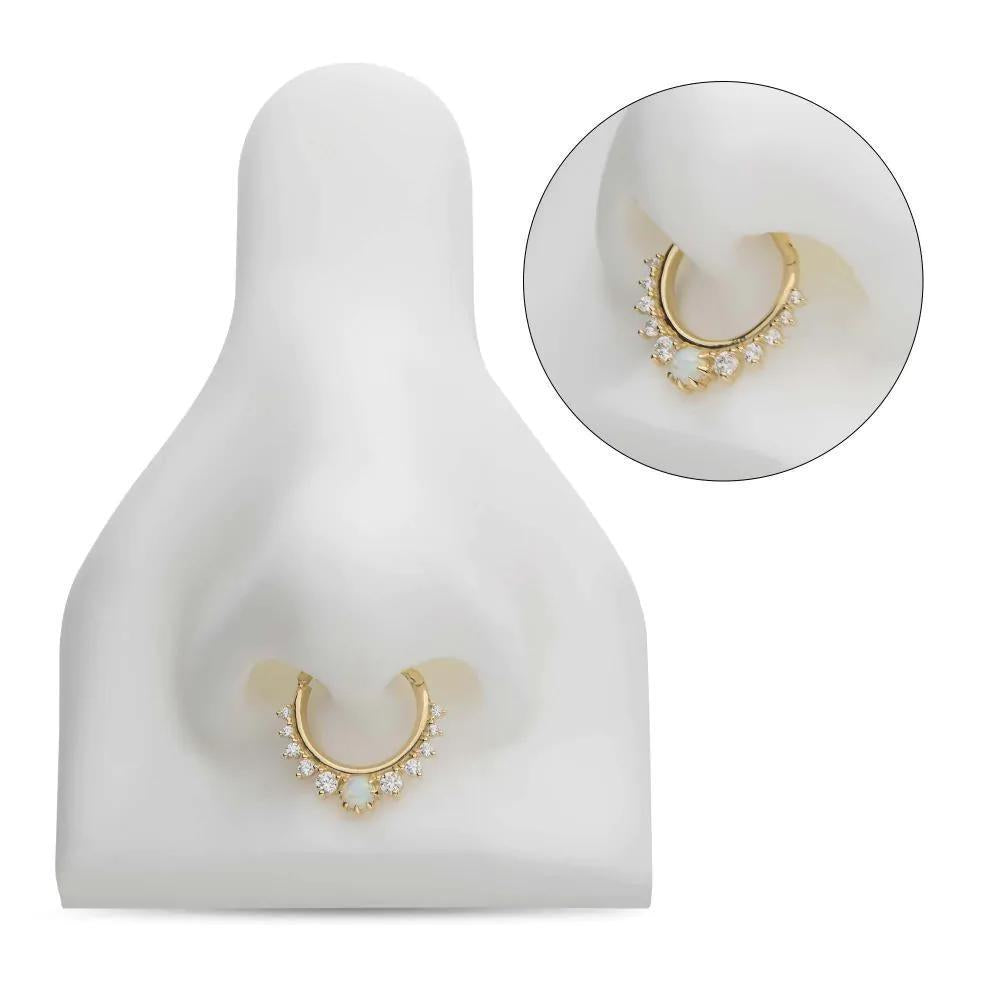Invictus | 14k gold | Gem Cluster Front Facing Hinged Hoop | Synthetic White Opal