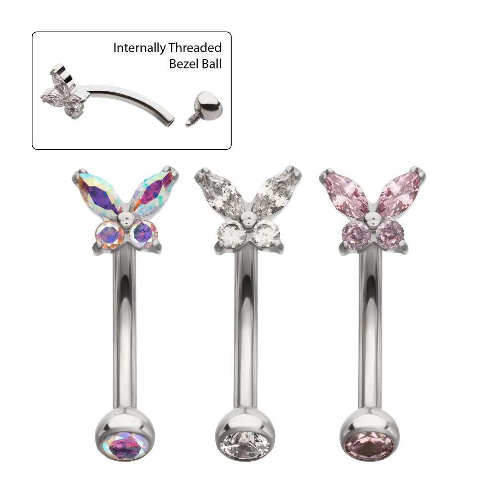 Invictus | Titanium | Internally Threaded Butterfly Gem Fixed Top Curved Barbell | Cubic Zirconia