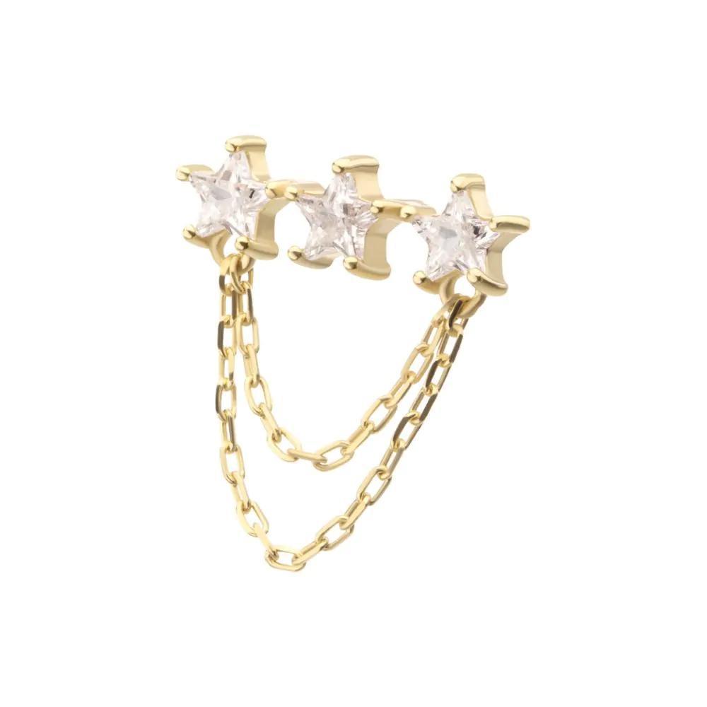 Invictus | 14k gold | Triple Cluster Star CZ Gem Top with 2-Tier Chain Dangle | Clear CZ