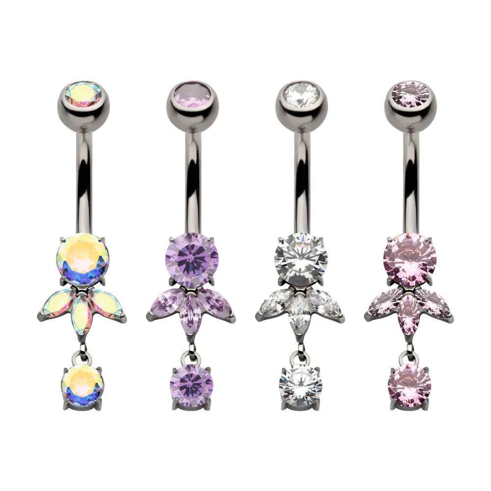 Invictus | Titanium | Internally Threaded Triple Marquise Gem Fan w/ Floating Round Gem Dangle Navel | Cubic Zirconia