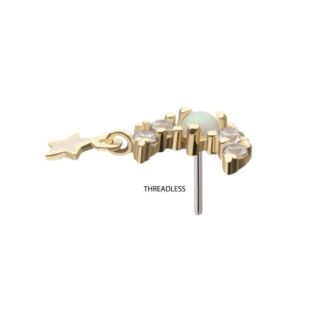 Invictus | 14k gold | Prong Set Moon with Star Dangle | CZ & synthetic White Opal