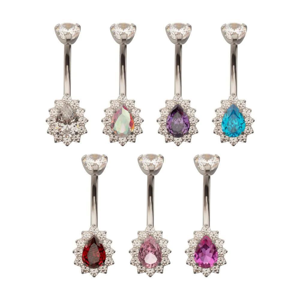 Invictus | Titanium | Internally Threaded Teardrop Halo Fixed Bottom Navel | Cubic Zirconia