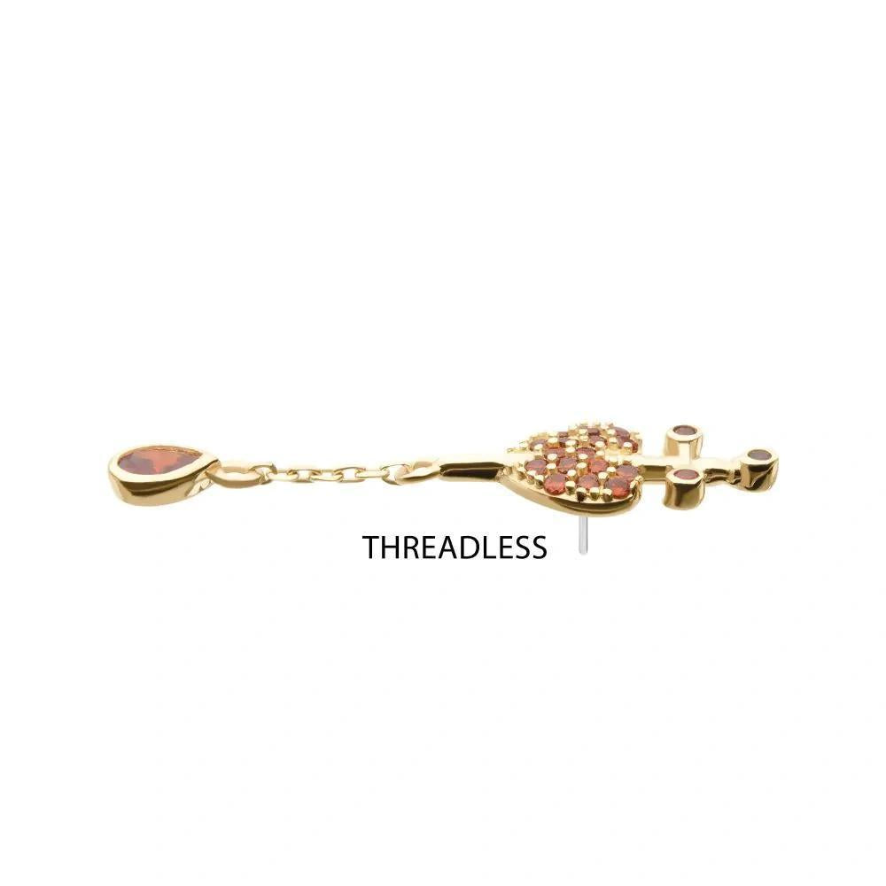 Invictus | 14k gold | Heart Dagger with Tear Drop Dangle | Garnet CZ