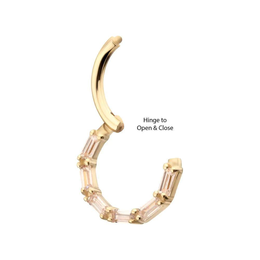 Invictus | 14k gold | Forward Facing Hinged Hoop | 6-Cluster Baguette | Clear CZ
