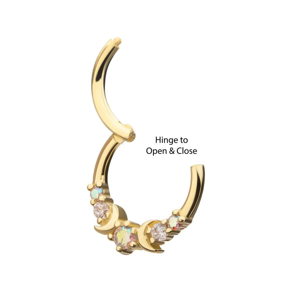 Invictus | 14k gold | Triple Moon Phase | Front Facing Hinged Hoop | Cubic Zirconia