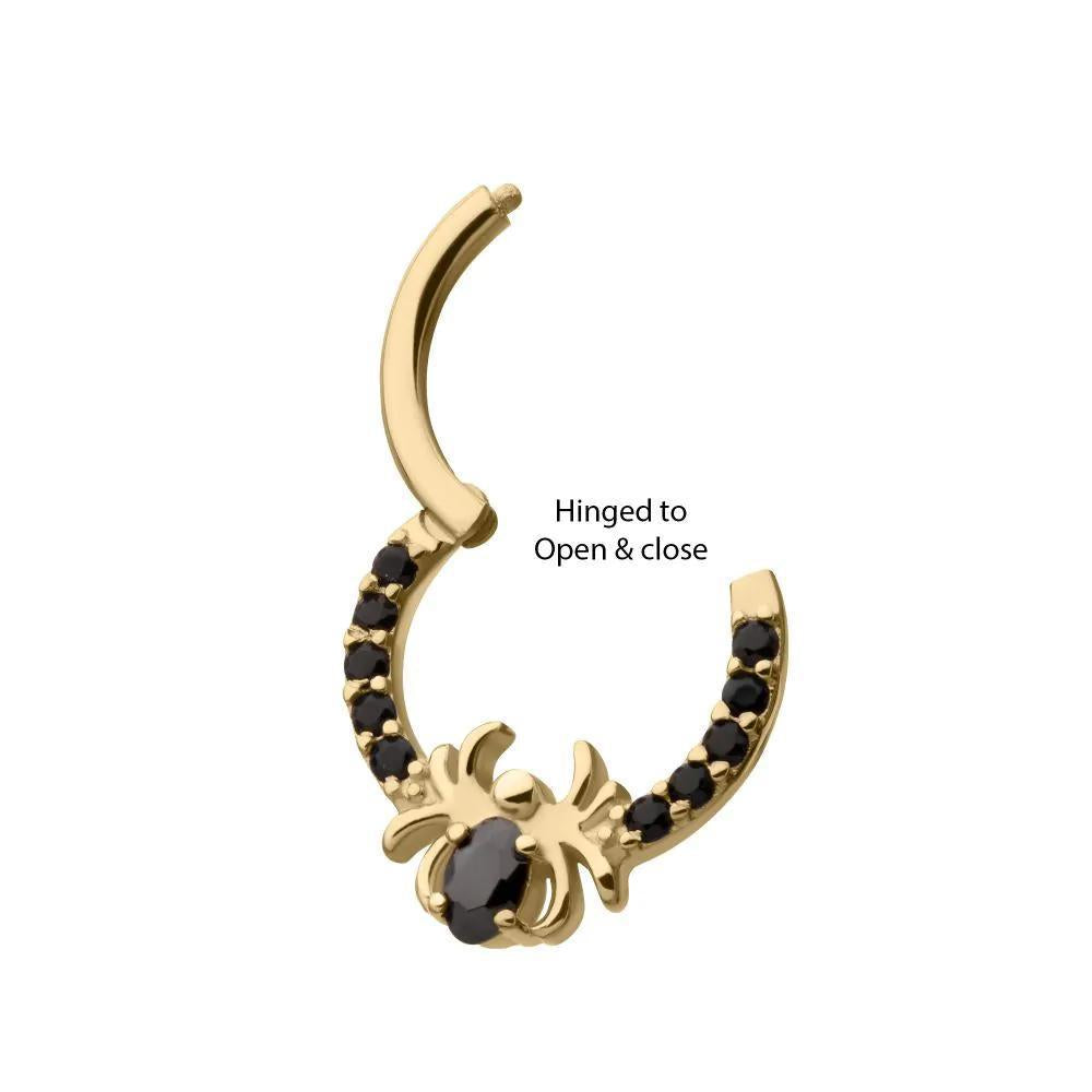 Invictus | 14k gold | Front Facing Hinged Hoop | Black Gem Spider