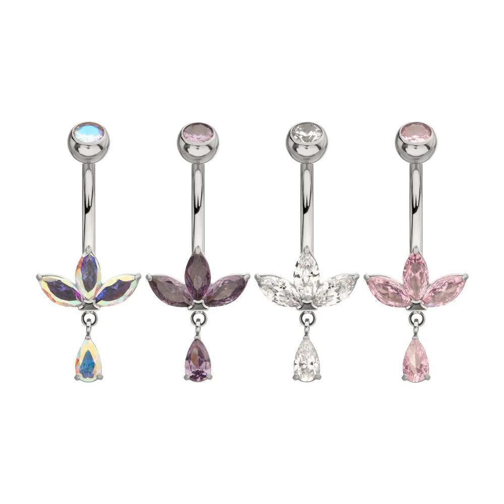 Invictus | Titanium | Internally Threaded Triple Marquise Gem Fan Navel w/ Floating Teardrop Gem Dangle | Cubic Zirconia