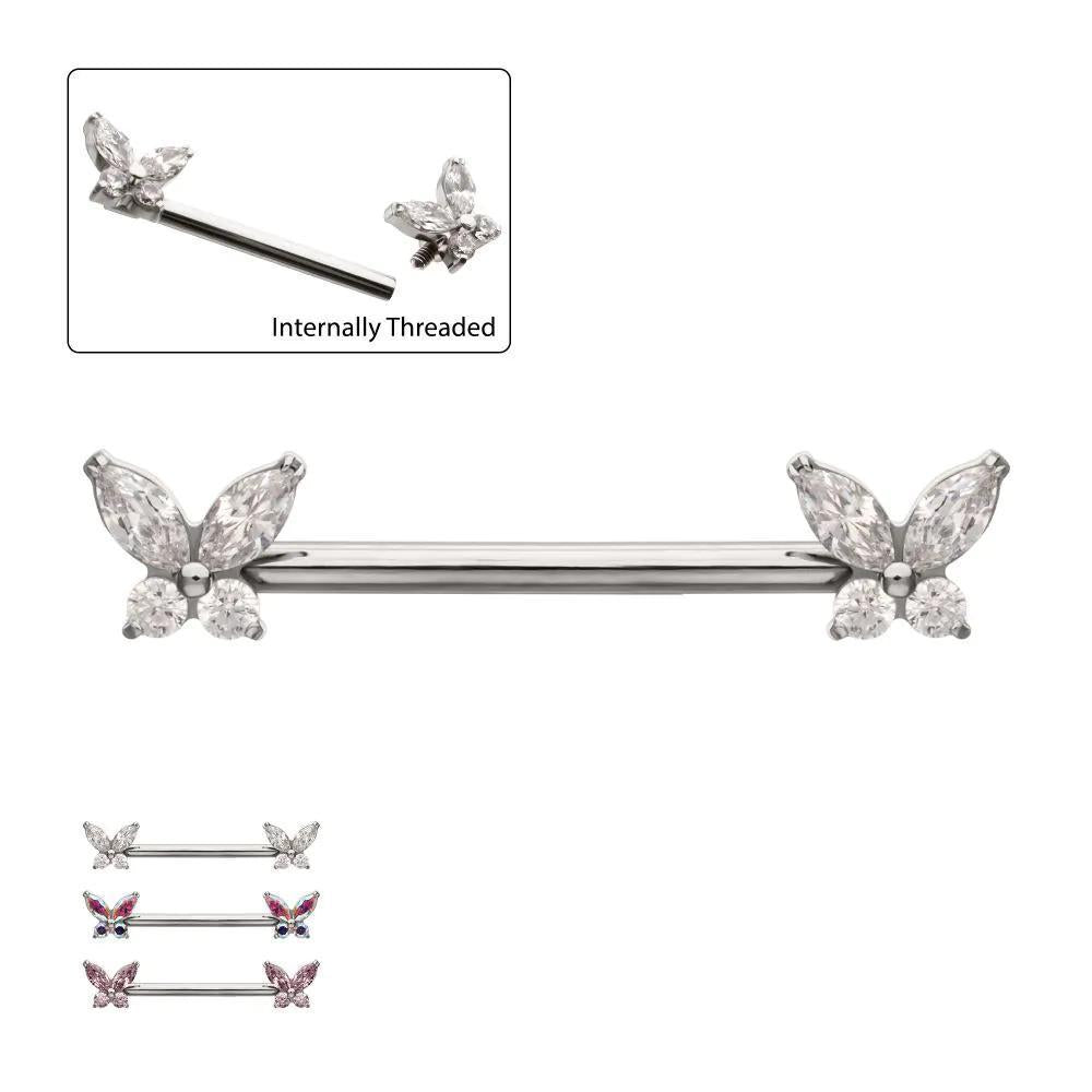 Invictus | Titanium | Internally Threaded Prong Set Butterfly Gem w/ One Fixed End Nipple Barbell | Cubic Zirconia