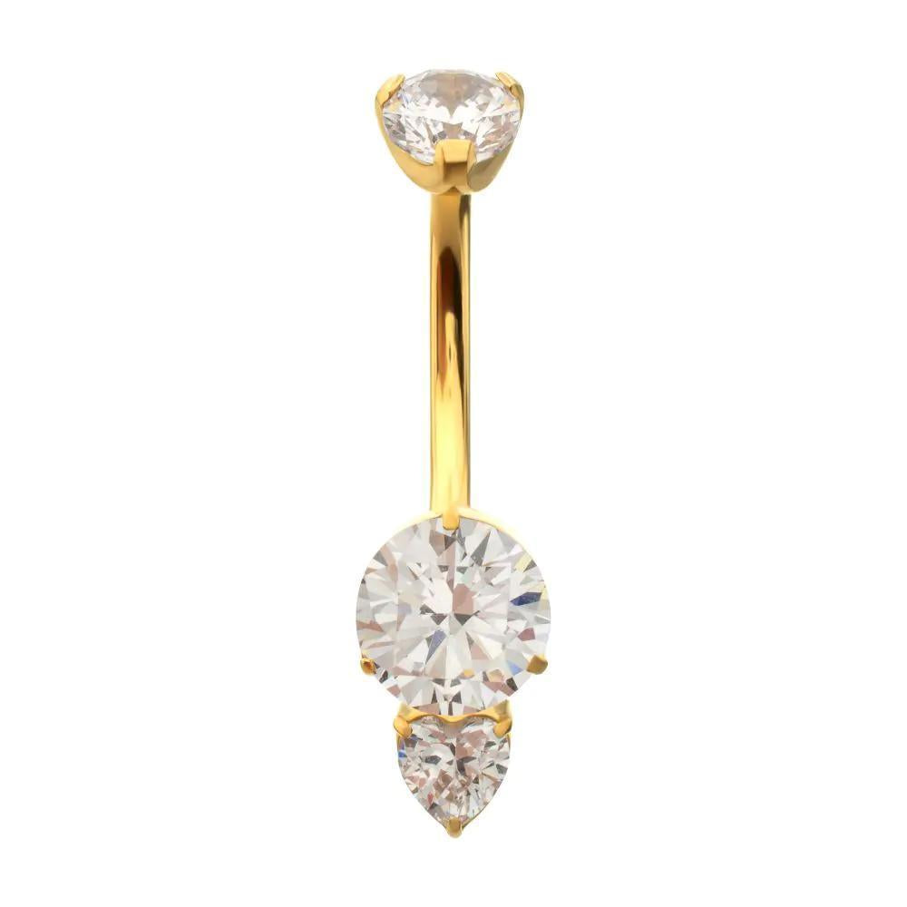 Invictus | 24k Gold PVD Titanium | Internally Threaded Luxe Drop Heart Gem Navel w/ Fixed Bottom | Cubic Zirconia