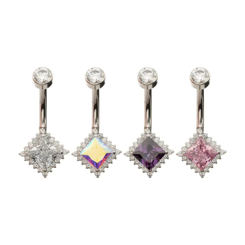 Invictus | Titanium | Internally Threaded "Prism Halo" w/ Clear Gem Edge Fixed Bottom Navel | Cubic Zirconia