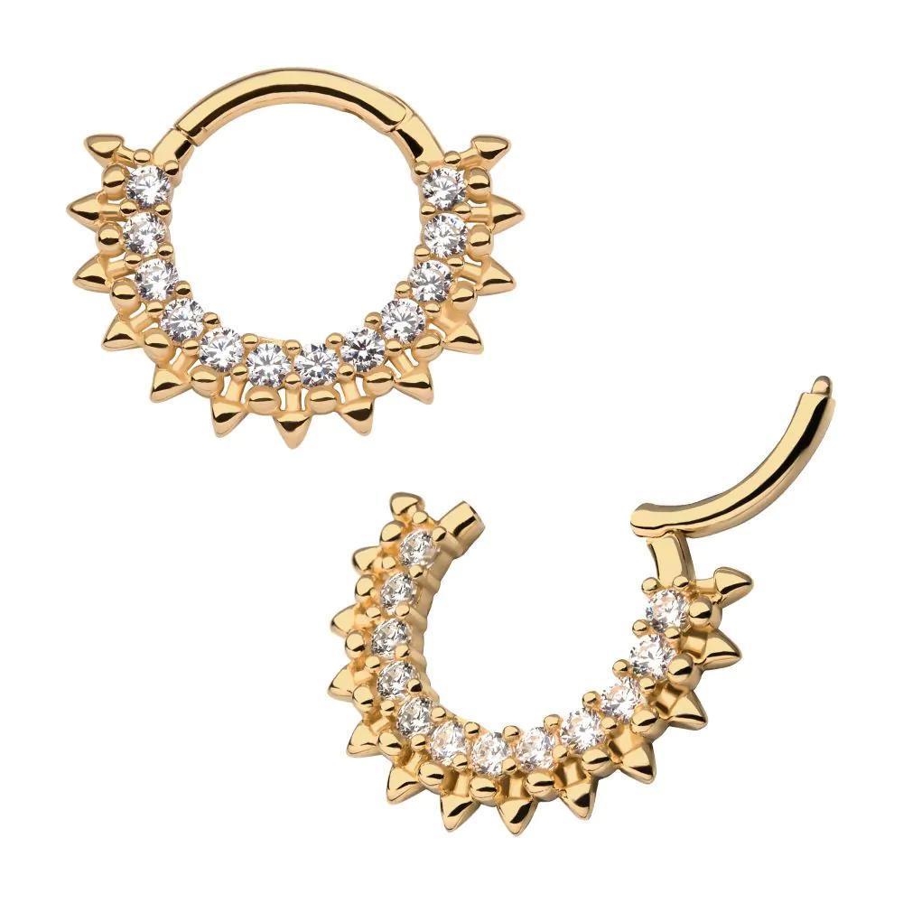 Invictus | 14k Gold | Yellow Gold 12-Cluster Prong Set Gem w/ Spiked Edge Front Facing Hinged Hoop | Cubic Zirconia