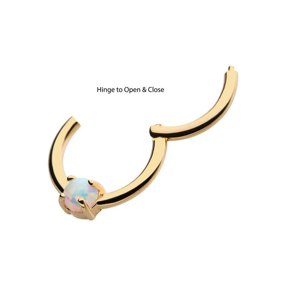 Invictus | 14k gold | White Opal Prong Set | Front Facing Hinged Hoop | Synthetic Opal