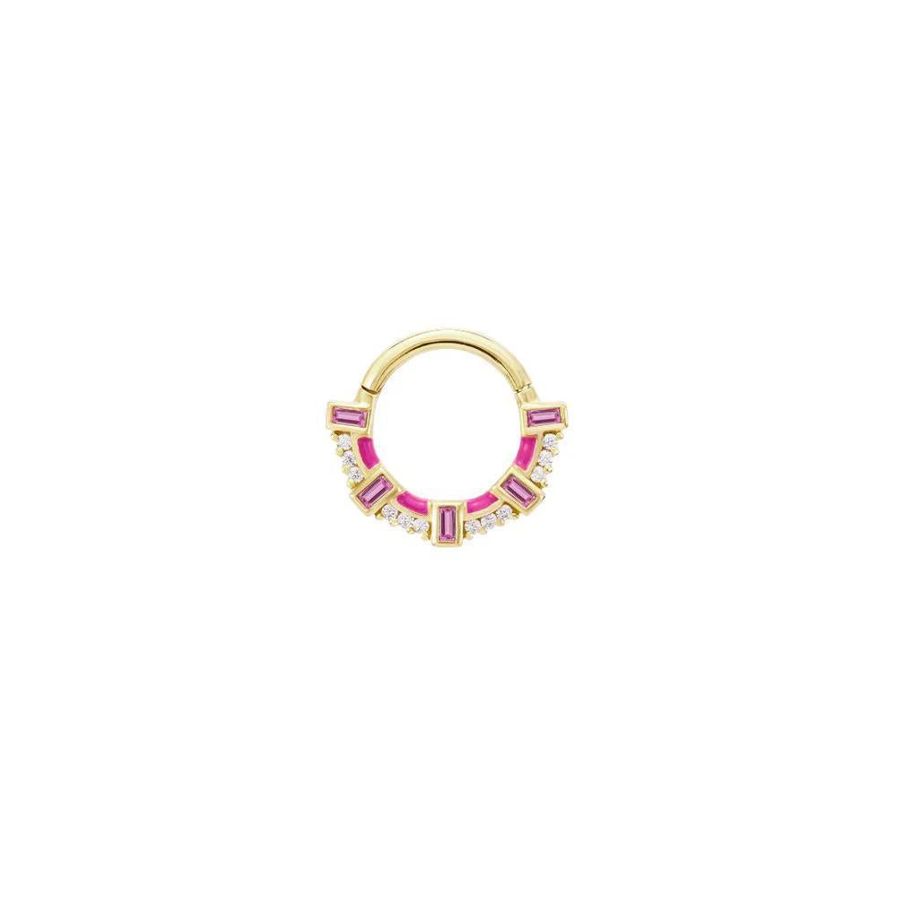 Buddha | 14k gold | Lola Hinged Hoop | Pink Sapphire + Enamel