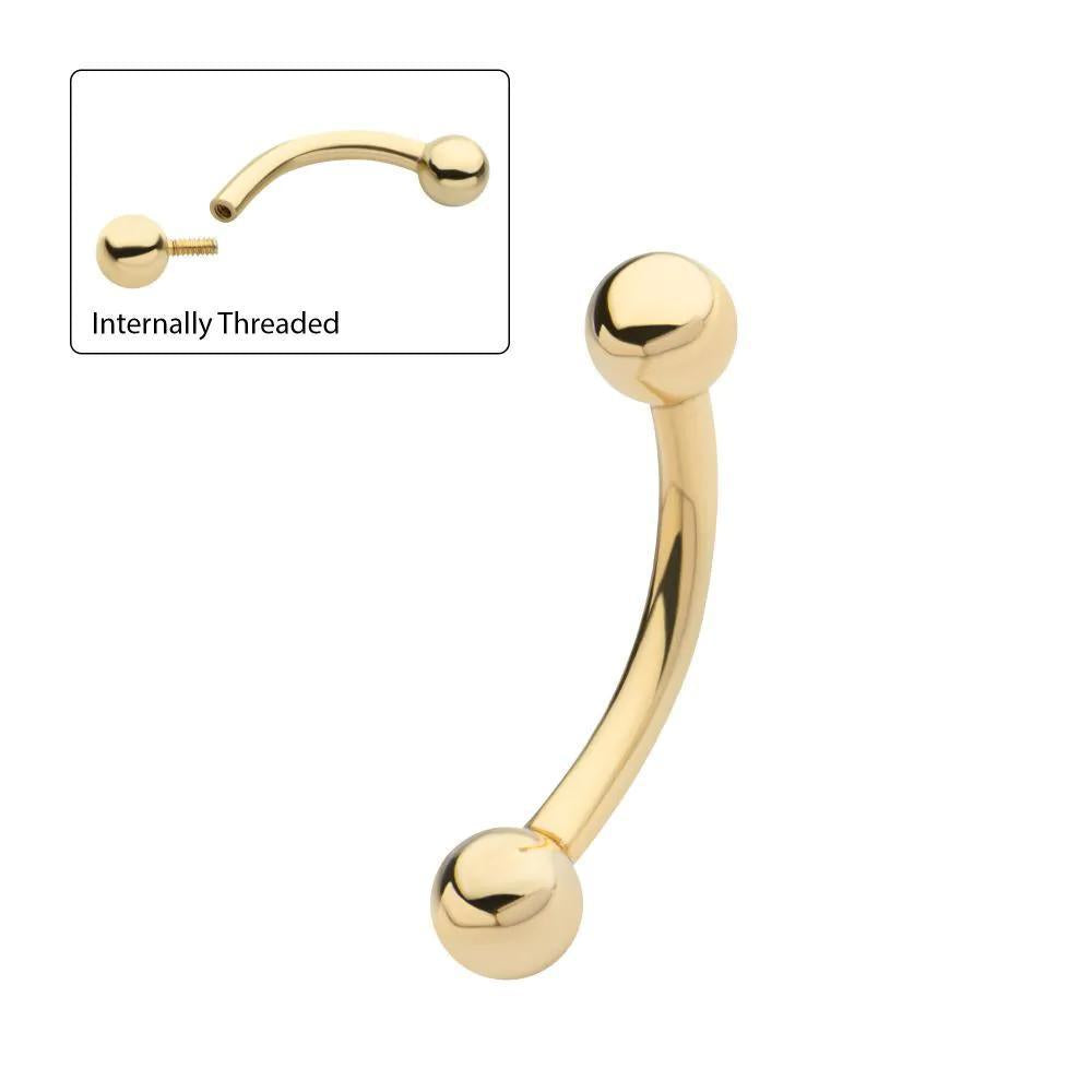 Invictus | 14k gold | 16g Curved Barbell with One Side Internally Threaded and One Side Fixed 3mm Ball End