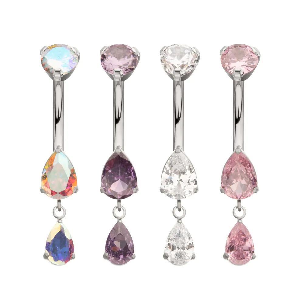 Invictus | Titanium | Internally Threaded Double Teardrop Prong Set Gem Dangle Navel | Cubic Zirconia